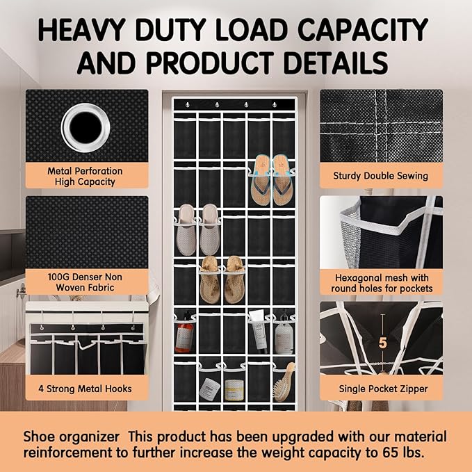 35 Compartment Over The Door Storage - Breathable Mesh Hanging Organizer with Large Pockets, Space Saving Design for Men & Women's Footwear, Closet, Bedroom- Black