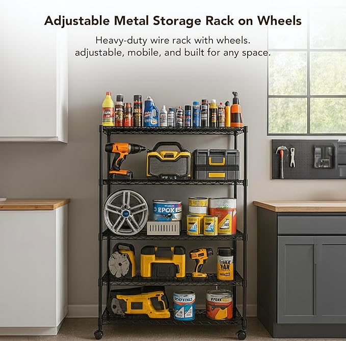 5 Tier Wire Shelving Unit Storage Rack, Metal Heavy Duty Utility Organizers, Organization Units for Products Plant Pantry, Garage, Laundry Racks Durable Shelf Stand,14"W x 30"L x 60"H, Black