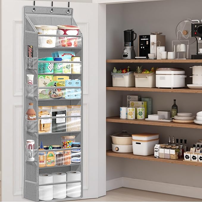 Over Door Organizer with 6 Extra Large Pockets 12 Side Pockets, 2-Pack Sturdy Closet Rack, Hanging Storage Organizer with Clear Window for Shoes, Diapers, Toys, Bedroom, Bathroom, Grey