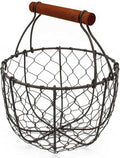 CVHOMEDECO. Round Chicken Wire Egg Basket Fruit Basket with Wooden Handle Primitives Vintage Gathering Basket. Rusty
