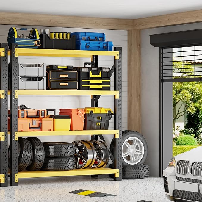 4000LBS Garage Shelving 48" W Garage Shelving Heavy Duty 4-Tier Metal Storage Shelves Adjustable Shelf Unit Storage Rack for Basement Supermarket Warehouse 48" W x 24" D x 78" H Yellow