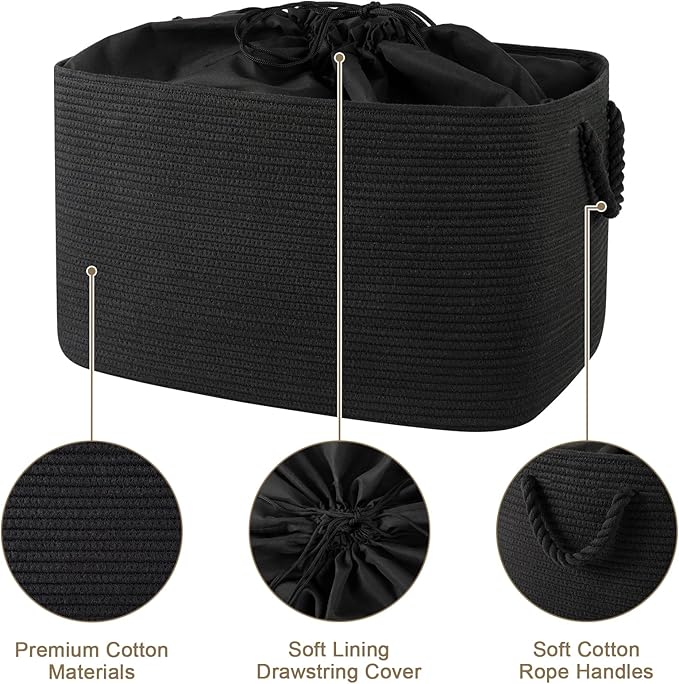 95L Extra Large Blanket Basket with Lid, 24" x 16.9" x 14.2" Woven Storage Basket for Living Room, Rectangle Nursery Blanket Storage for Toys, Towels, Dirty Clothes, Black