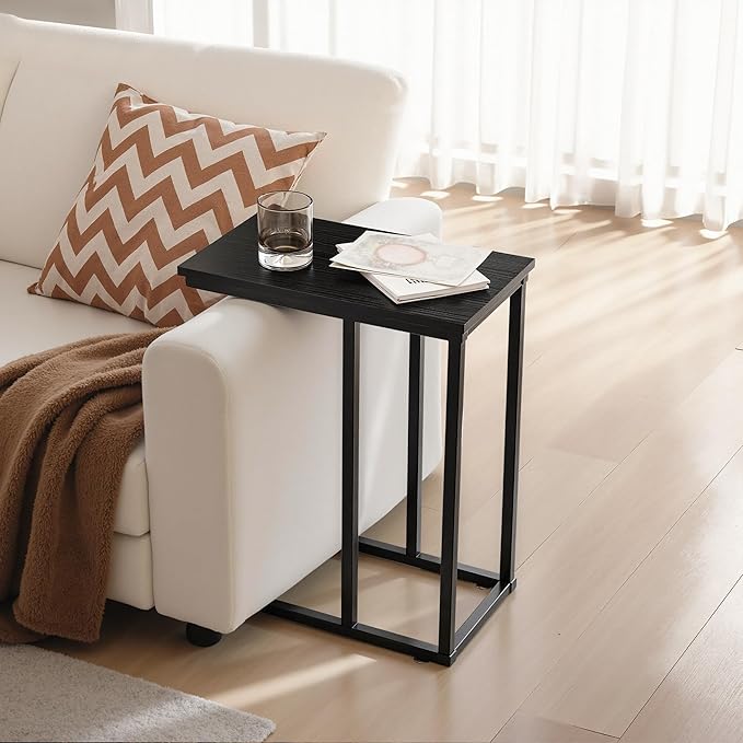 VECELO C Shaped End Side Table for Sofa Couch and Bed Snack TV Tray for Living Room Bedroom, 2 PCS,Black