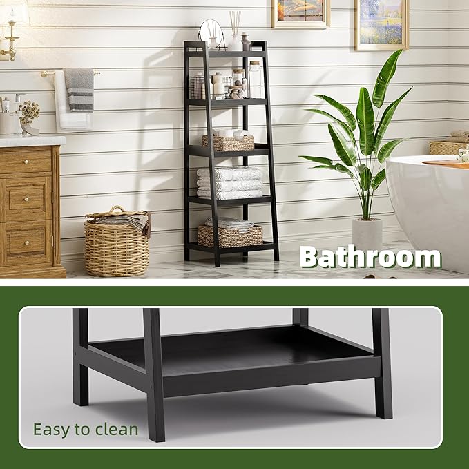 Bookshelf, 5 Tier Ladder Bookcase with Bamboo Frame, Freestanding Tall Narrow Display Plant Shelf for Living Room, Kitchen, Bedroom, Balcony, Black
