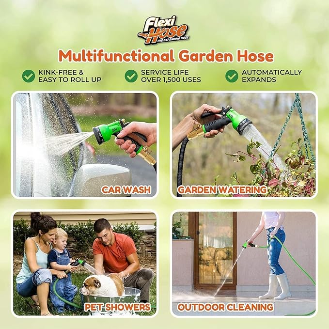 Flexi Hose Lightweight Expandable Garden Hose, 100FT -Retractable Garden Hose, Water Hose - No-Kink Flexibility, 3/4 Inch Solid Brass Fittings and Double Latex Core