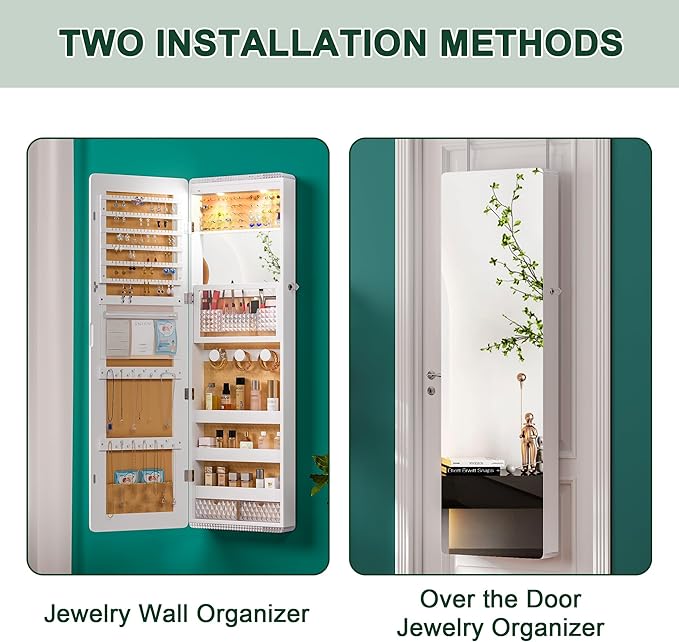 HNEBC LED Mirror Jewelry Cabinet,47.2" Wall Mounted Jewelry Organizer with Full-Length Mirror,Over The Door Hanging Jewelry Armoire Storage Cabinet,Folding Dresser,2 Drawers,Lockable, 3 Shelves(White)