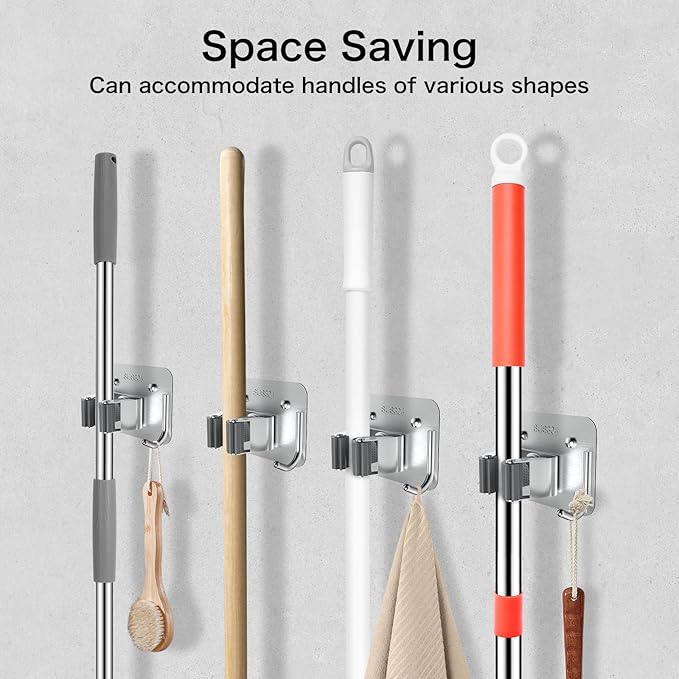 nacena Broom Holder Wall Mount, 4 Packs Silver Stainless Steel Mop and Broom Hanger with Hooks Heavy Duty Broom and Mop Organizer Wall Hanging for Bathroom