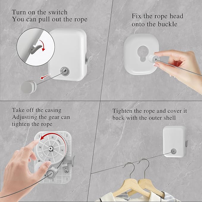 JOOM Retractable Clothesline Heavy Duty Clothes Drying Laundry Line Wall Mounted Easy Hanging Clothes Drying Laundry Line Retracting Hanging Lock to Prevent Sagging (Flat,White)