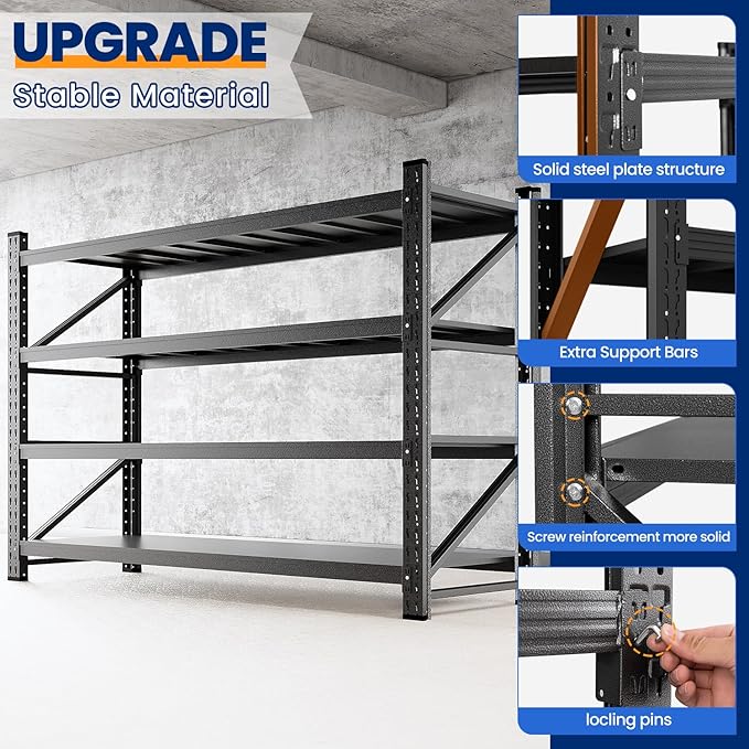 MIIIKO 75" W Storage Shelves,8000LBS Metal Garage Storage Shelving,Heavy Duty Adjustable Unit Storage Shelves for Warehouse,Basement,75" W x 24" D x 70" H,Black