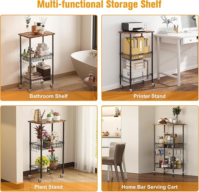 Homeiju Rolling Kitchen Storage Cart, 3-Tier Storage Rack on Caster Wheels with Adjustable 2 Baskets, Coffee Station Cart Rack Shelf Organizer for Living Room Office, Balcony, Rustic Brown/Black