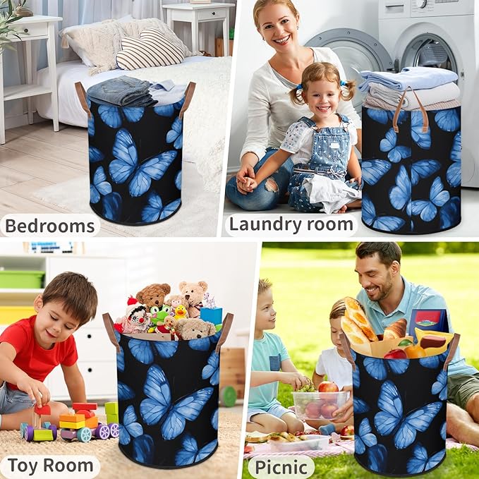 Foldable Laundry Hamper with Elegant Blue Butterfly Pattern - Collapsible Storage Basket for Bedroom, Portable Organizer for Blankets, Toys, Clothes