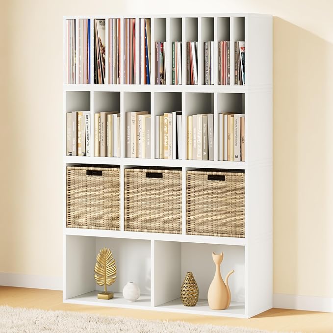 IOTXY DIY Modular Cube Bookcase - CubeXY Customizable Stackable Expandable Combination Set, 23-Cube Open Bookshelf for Books, Fabric Storage Bin, and Vinyl Record Organizer, White