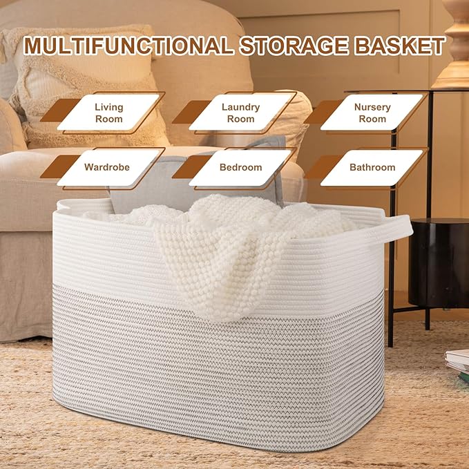 XXXL Large Blanket Basket, 108L Storage Basket, Cotton Rope Baskets for Living Room, Toy Basket for Kids, Woven Baskets for Clothes, Towels, Pillows, 25" x 16" x 16", Black and White