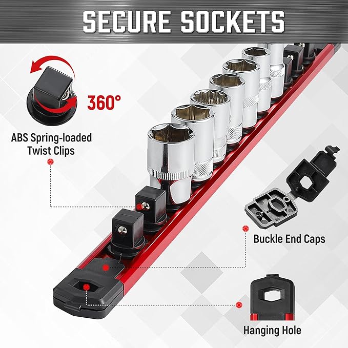 ALOANES 3-Piece Magnetic Socket Organizer, Heavy Duty Aluminum Socket Rails Organizer, 360° Swivel Clips Socket Holder Kit for Tool Box, 1/2-Inch Socket Holder x 36 Clips (Red)