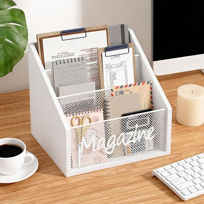 Magazine Holder, Wood Magazine Rack Floor, Mail Organizer Countertop, Magazine Mail Holder Sorter, Record Holder for Magazines, Books, Newspapers, Tablets, White MR02WW