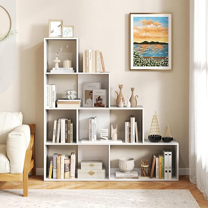 Tangkula 4-Tier Stepped Bookshelf, Freestanding 6 Cubes Ladder Bookcase with Anti-Tipping Kits, 64" Tall Modern Wooden Storage Display Rack for Home Office Living Room Study (2, White)