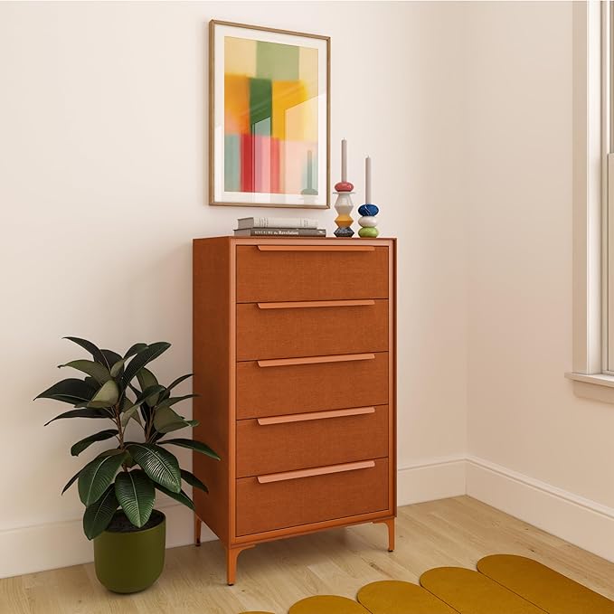 tinge Naima Premium Fabric Dresser - Strong Metal Frame, 5 Spacious Sag-Proof Drawers with Sleek Metal Handles - Premium & Durable Storage Solution for Your Home (Orange)