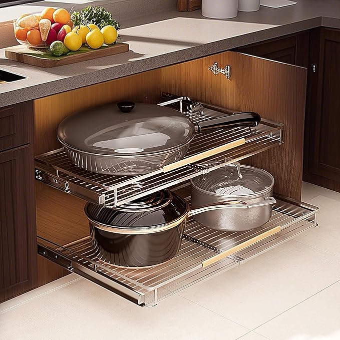 2 Pack Expandable Pull Out Cabinet Organizer，Side Mounting 23.2~39.99"x22.5"Cabinet Pull Out Shelves, Expandable Slide Out Spice Rack for Kitchen Bathroom Office