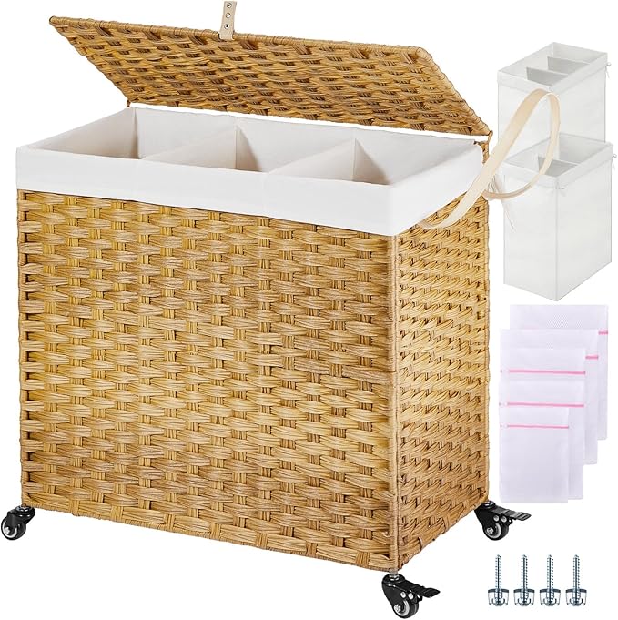 Greenstell Laundry Hamper with Wheels&Lid, 130L Large 3 Sections Clothes Hamper with 2 Types Removable Liner Bags, 5 Mesh Laundry Bags, Handwoven Divided Laundry Basket for Clothes, Natural