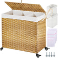 Greenstell Laundry Hamper with Wheels&Lid, 130L Large 3 Sections Clothes Hamper with 2 Types Removable Liner Bags, 5 Mesh Laundry Bags, Handwoven Divided Laundry Basket for Clothes, Natural