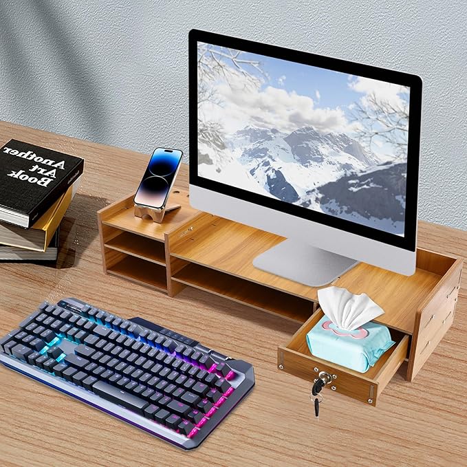 Monitor Stand,Computer Monitor Stand,Computer Rack with Drawers,Desk Shelf Wood Desk Organizer,Wooden Desktop Organizers w/Lock for Home Office Workspace Organizer (4.41lbs)