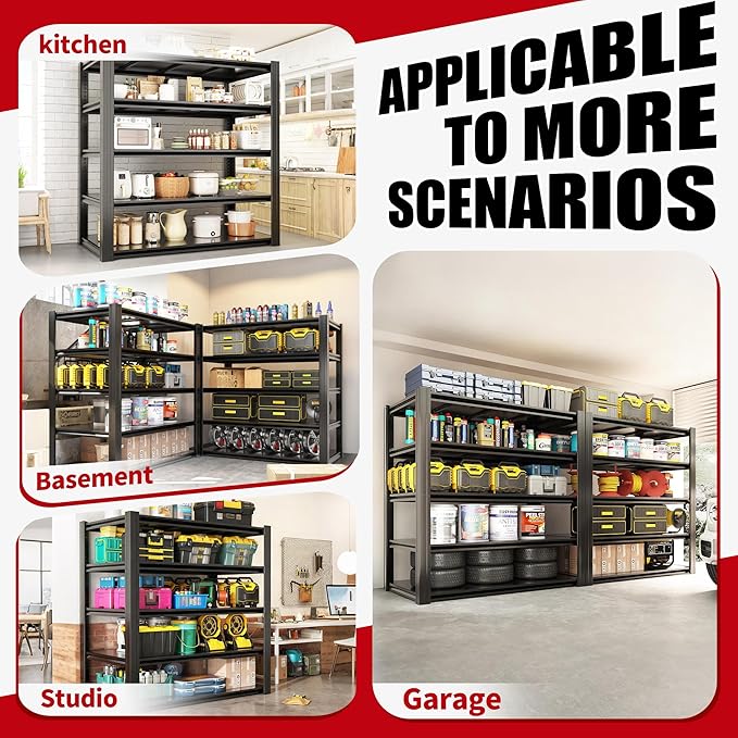 72" H Garage Shelving, Metal Storage Shelves, Adjustable 5 Tier Storage Rack, Heavy Duty Shelving, Industrial Utility Shelf for Garage, Warehouse, Bedroom, Kitchen, 24" D×48" W×72" H, Black