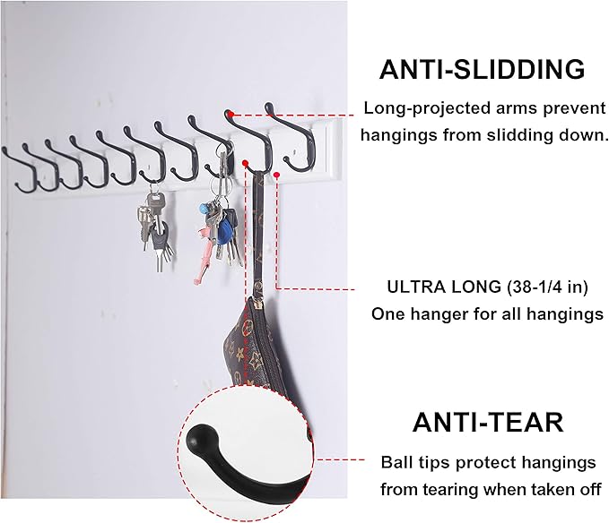 Dseap Coat Rack Wall Mounted: 10-Hooks, 16" Hole to Hole, 38-1/4" Long, Wood Coat Hooks Wall Mounted, Hook Rack, Hook Rail, Hooks for Hanging Coats, White & Black