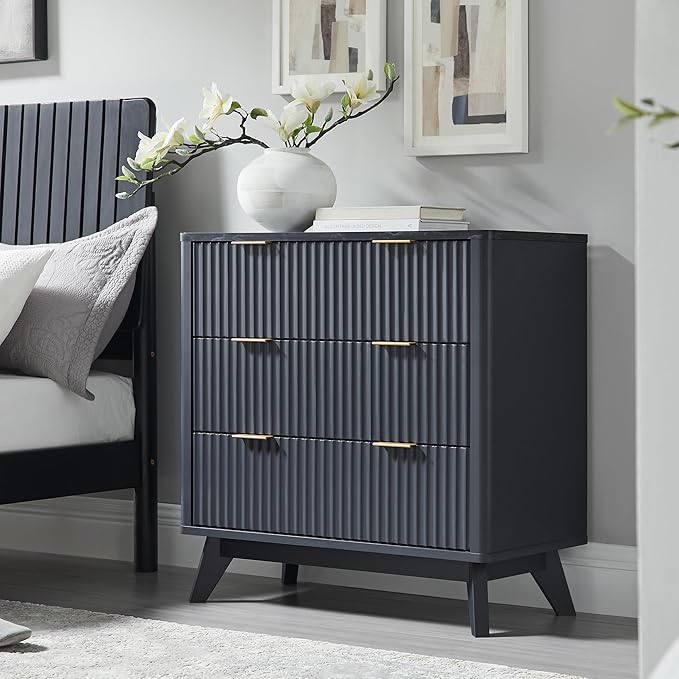 T4TREAM Fluted 3 Drawers Nightstand Set of 2, Oversized Extra Large Modern Side Table with Faux Marble Top, End Table Bedside for Bedroom, Living Room, Curved Profile Design, Dark Grey