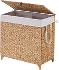 Laundry Hamper with Lid and Removable Liner Bag, Handwoven Natural Hyacinth Clothes Hamper with Heightened Feet, Wicker Laundry Basket for Clothes and Towels，Large, 2-sections