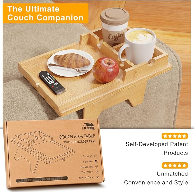 Bamboo Couch Cup Holder Tray - 2 in 1 Couch Armrest Table with Be Slide-Away Detachable Double Holder - Sofa Armchair Caddy for Drinking Snacks iPad TV Remote