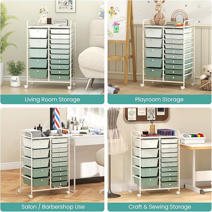 Giantex 15 Drawers Rolling Cart, Classroom Organizers, Storage Cart with Wheels, for Teacher Office Home School Supplies Tool Craft Art Paper, Green Gradient