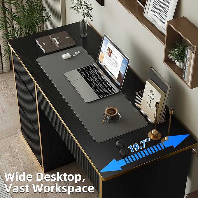 4 EVER WINNER 47'' Computer Desk with Drawers, Small Desk with Drawers File Cabinet, Writing Study Desk for Bedroom, Black Desk