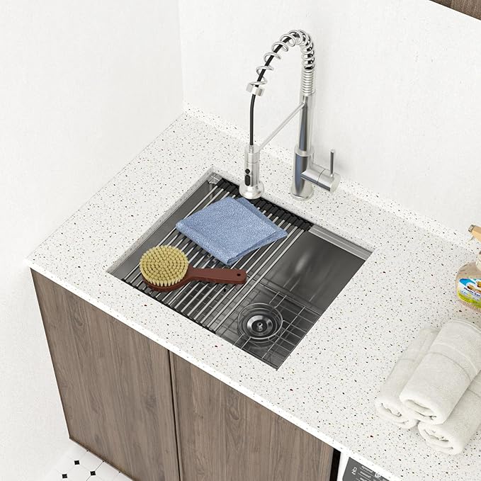 Lordear 23 Inch Laundry Room Sink Undermount 16 Gauge Stainless Steel Single Bowl 13 Inch Deep Handmade Utility Sink with Full Cutting Board, 23" x 19" x 13"