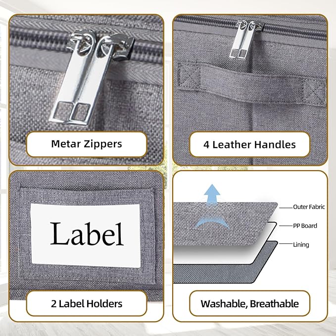 Yawinhe Under Bed Storage Containers with Handles, Sturdy Zipper und Label Holders, Foldable Blanket Storage Bags, for Comforter, Clothing, 23.6''Lx11.8''Wx6''H, 1-Pack, Grey SNH002GS-1