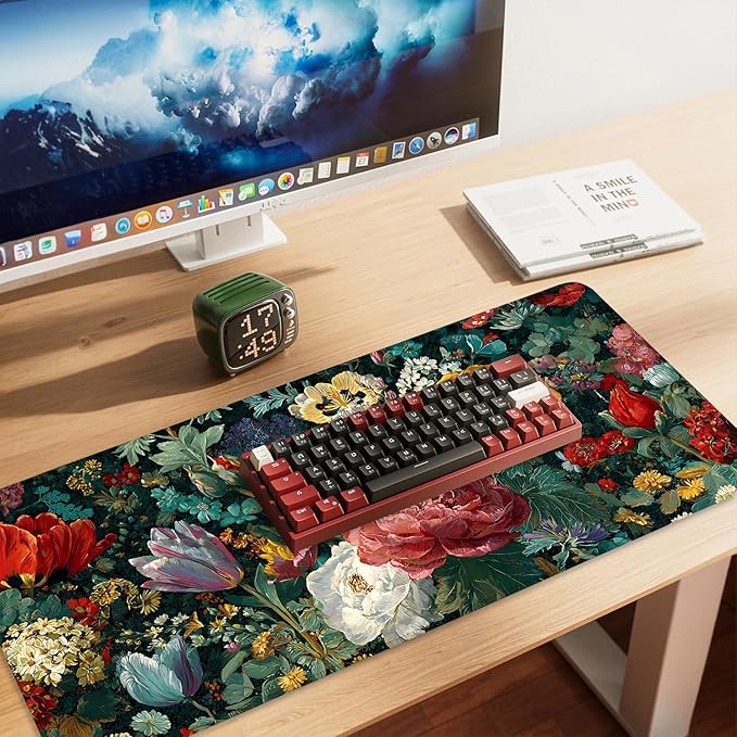 Vintage Oil Painting Floral Mouse Pad – Large Extended Desk Mat 35.43 x 15.75 in – Baroque Style Botanical Design,Oversized Mouse & Keyboard Pad for Art Lovers