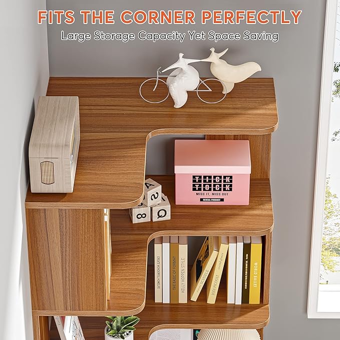 Tribesigns 6 Tier Corner Bookshelf, 64.9 Inches Tall Industrial L Shaped Bookcase with Anti-Drop Panel, Freestanding Wood Grain Shelf Display Rack Storage Organizer for Home Office