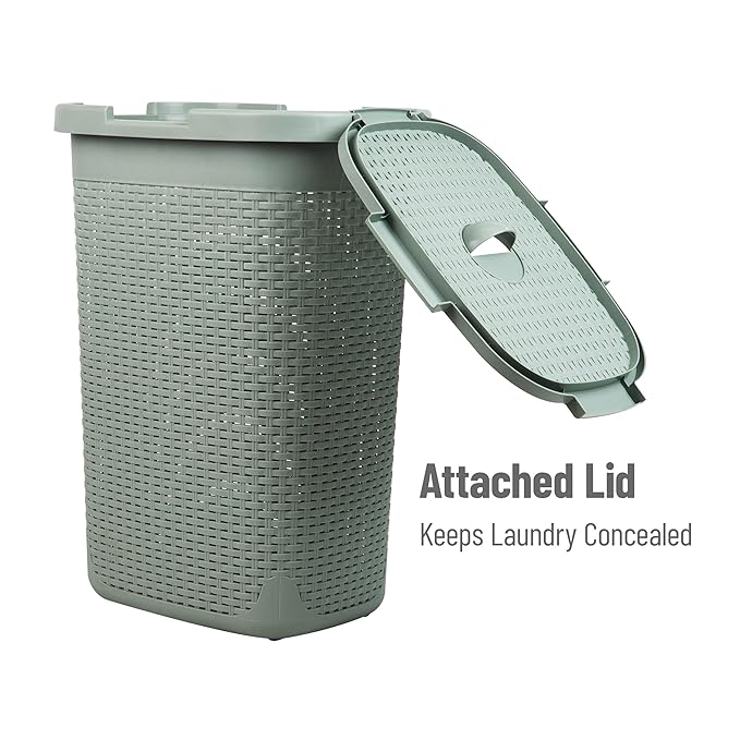 Mind Reader Slim Laundry Hamper with Lid, 60L Clothes Basket, Premium Wicker Design, Plastic, Mint