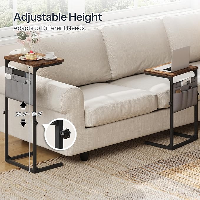 HOOBRO C Shaped End Table, Set of 2, 29.5’’ Adjustable Height Side Table with Storage Pockets, Couch Table Slide Under for Sofa, Small Space, for Living Room, Rustic Brown and Black BF77SFP201