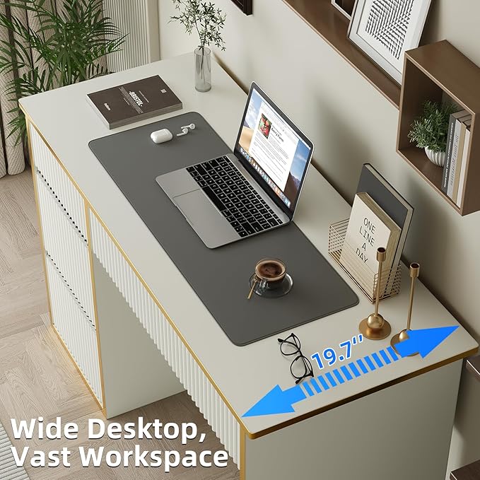 4 EVER WINNER White Desk with Drawers with Hidden Handle, 47 Inch Computer Table with Storage File Cabinet, Wood Desks with Drawers Vanity Writing Table for Study, White and Gold Desk