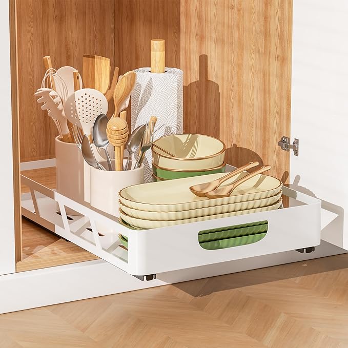 XLP Pull Out Cabinet Organizer 16" Deep, Heavy Duty Slide Out Drawers, Adhesive or Drill Roll Out Shelf with Damping Rail for Kitchen, Bathroom, Pantry, Cupboard(11.73" W X 16.46" D X 3.15" H, White)