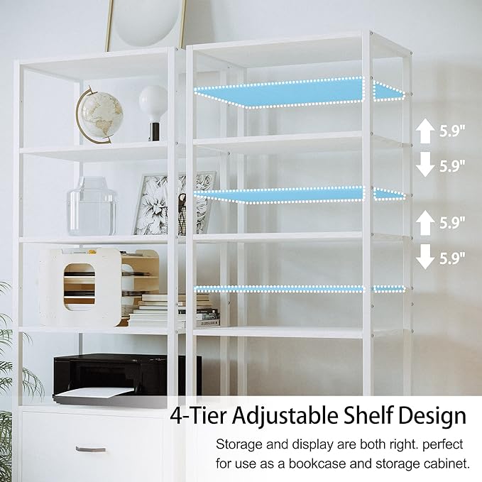 IRONCK Industrial Bookcase with File Cabinet Drawers, 71.6 in Tall Bookshelf 5 Tier, Freestanding Storage Home Office Cabinet Organizer, Rustic Home Decor, White