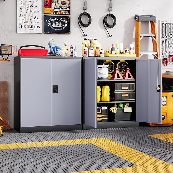 Letaya Metal Storage Cabinets with Lock Door,2 Adjustable Shelves Organizer Steel Storage Cabinets for Home,Office,Warehouse,Garage,Employee Lockers(Black Gray)