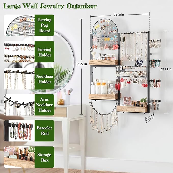 Keebofly Jewelry Organizer - Large Wall Mount Hanging Jewelry Holder Display for Earrings, Rings, Necklaces, Bracelets, Makeup, Perfume & Watches