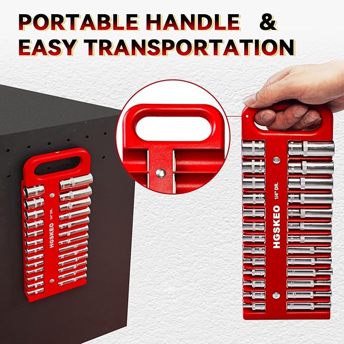 Magnetic Socket Holder Set with Handle, Portable Socket Organizer, Heavy Duty Socket Racks 1/4" Drive Holders Hold 26 standard Sockets for Tool Box(Red, 1/4" Drive)
