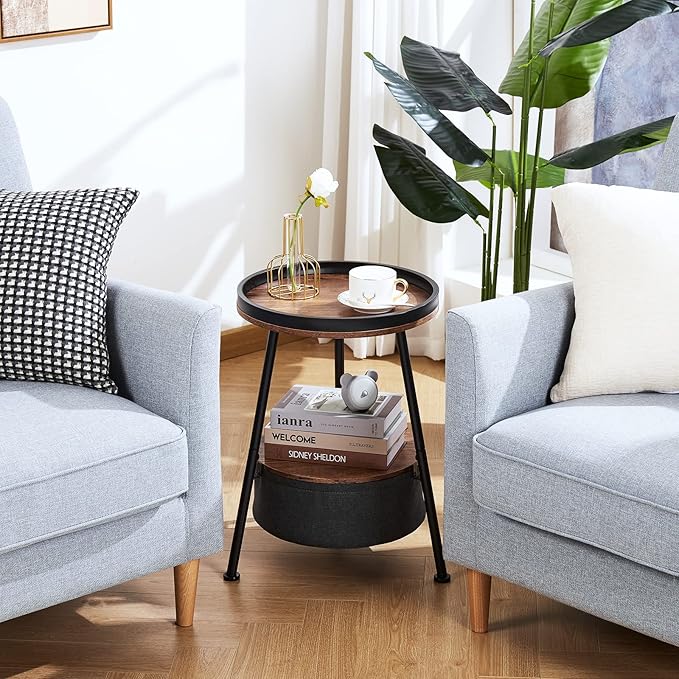 Round End Table, Round Side Table with Storage Basket,11.8*17.8”Round Sofa Table,Small Round Table,Small Coffee Table Living Room Bedroom