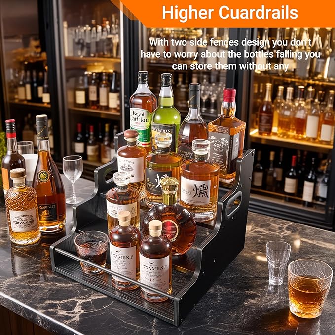 4-Tier Liquor Bottle Display Shelf, Coffee Syrup Rack Organizer, Water Bottle Organizer, Mini Bar Cabinet, Rustic Bar Shelves for Liquor Whiskey, Spirits（Black）
