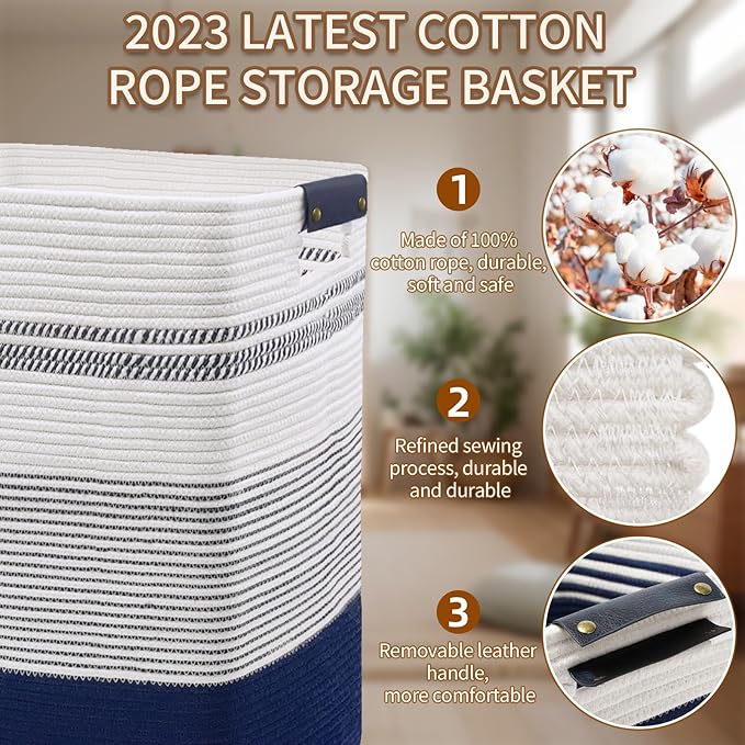 DOFASAYI Laundry Basket - 85L Large Woven Baskets for Storage - Cotton Rope Laundry Hamper, Decorative Storage Basket for Blankets, Clothes Hamper for Living Room, Bedroom, Dark Blue & White