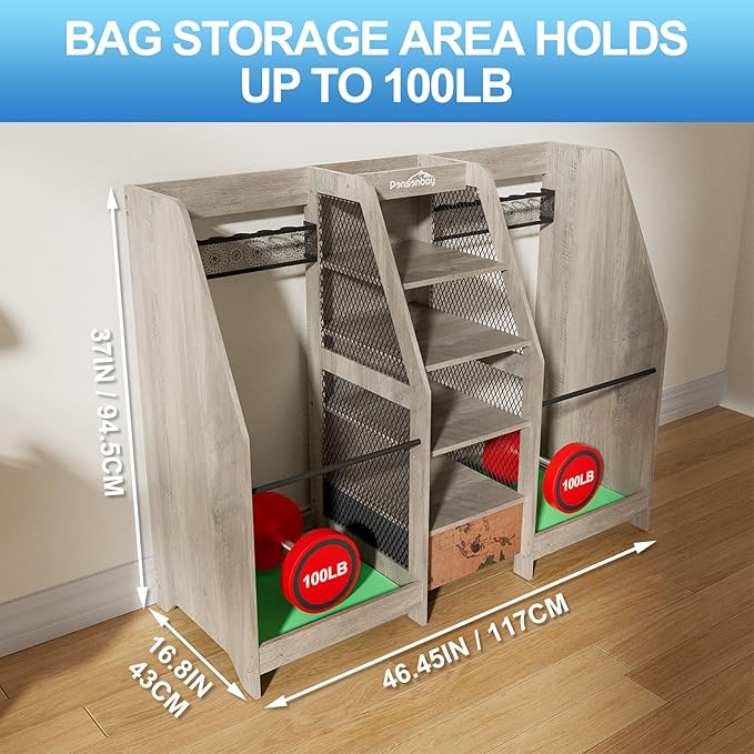 Golf Bag Storage Organizer for Garage, Premium Wooden 2 Golf Bags Rack with Drawer, Easy Assemble Golf Club Stand/Holder Suitable for Garage Home Simulator and Office