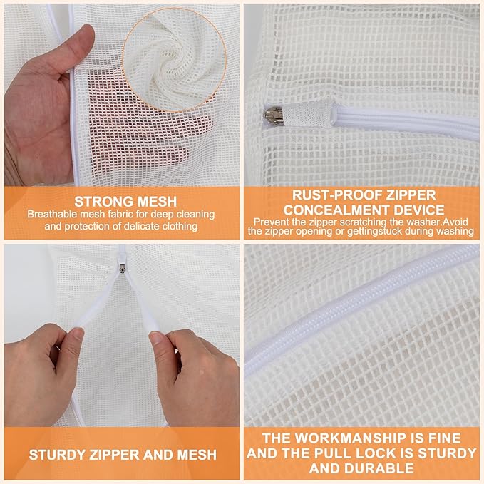 4 Piece White Small, Durable Organic Cotton Mesh Laundry Bag with Strong Zipper and Breathable Mesh, Delicate Laundry Bag for Underwear, Clothes, Pants and Socks