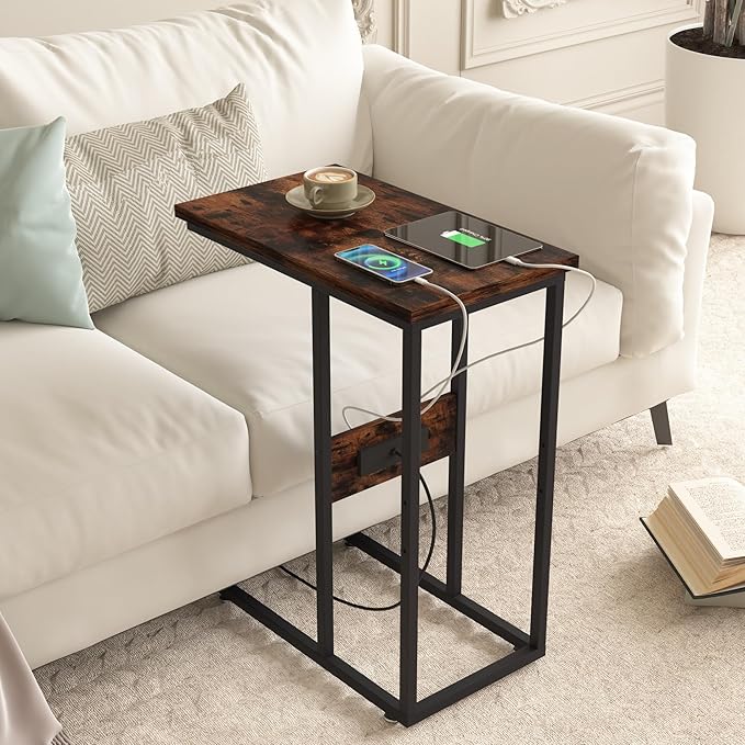 VECELO C Shaped End Side Table with Charging Station & Power Outlets for Couch Sofa/Bed, Snack TV Tray with Metal Frame for Living Room Bedroom 2 PCS, Brown